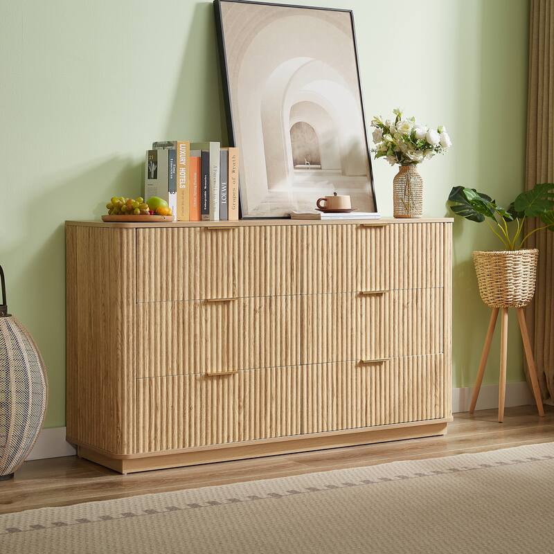 6 Drawers Dresser, 55" Wide Chest of Drawers, Curved Wave Design TV Stand for Bedroom Living Room Hallway