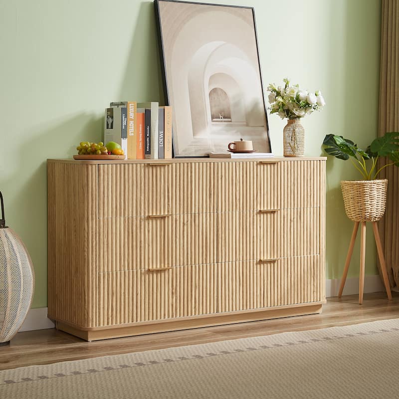 Anmytek Natural Wooden 6-Drawer Double Dresser with Wavy Drawers