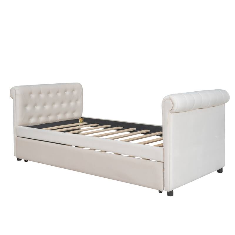 Beige Upholstered Twin Size Daybed Sofa Bed with Trundle, Fabric and Wood Frame Wood Slat Support