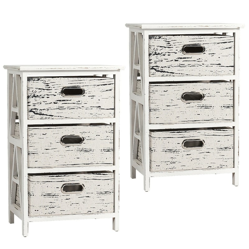Gymax Set of 2 Chest w/3 Fabric Drawers Vintage Wood Frame End Side