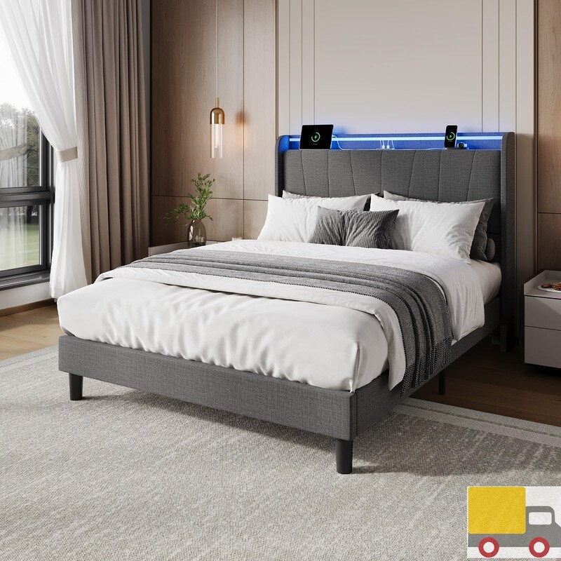 Upholstered Platform Bed with Charging Ports & LED Lights