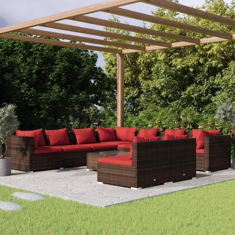 vidaXL Patio Lounge Set Outdoor Sectional Sofa Set Table Garden Poly Rattan - 27.6" x 27.6" x 23.8" - Brown/Cinnamon red 6 x Middle sofa