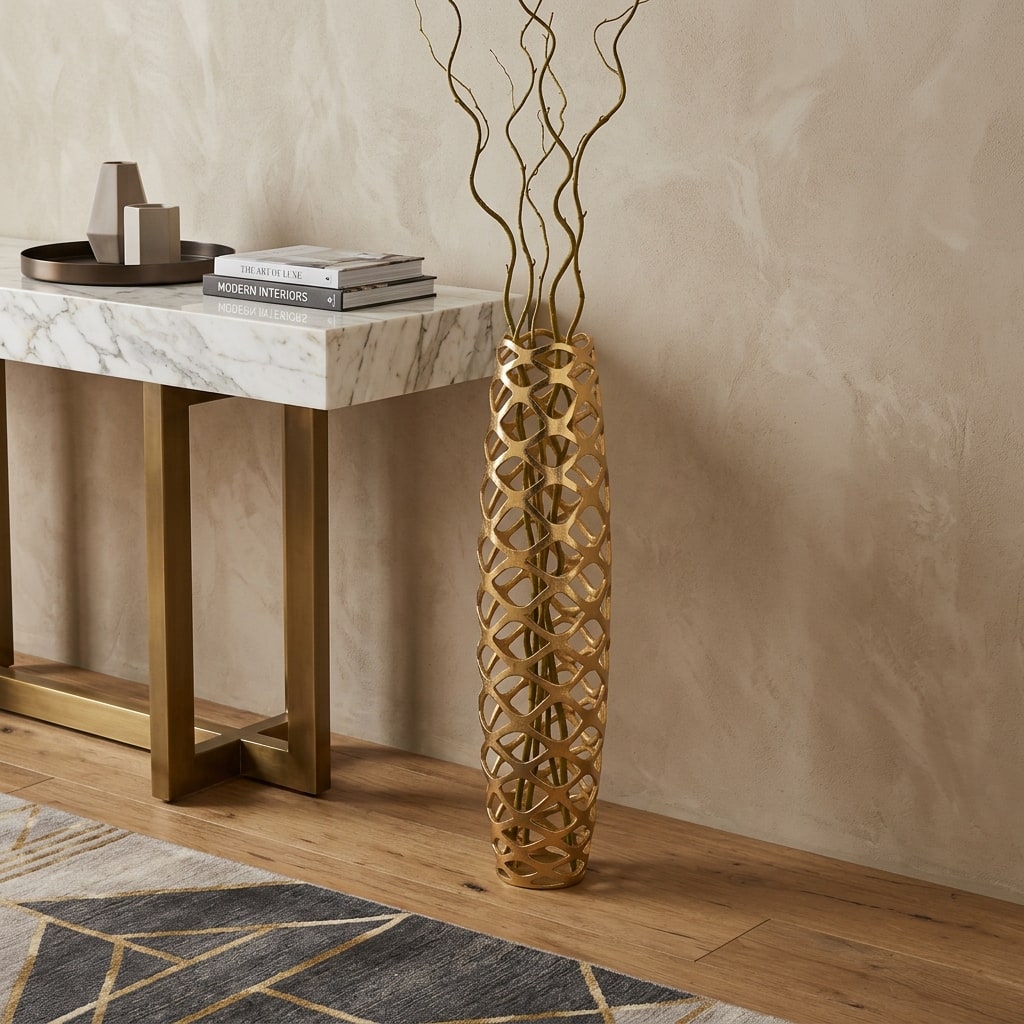 39" Gold Aluminum Pierced Geometric Cylinder Floor Vase - 9.00