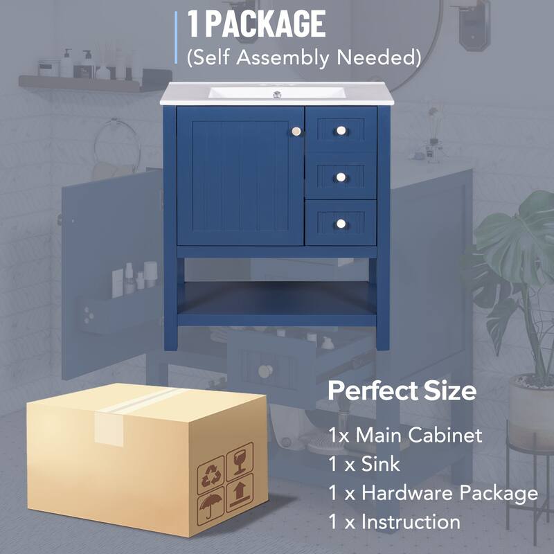 30" Transitional Bathroom Vanity with Ceramic Sink, Soft Close Doors, Storage Cabinet & Drawers