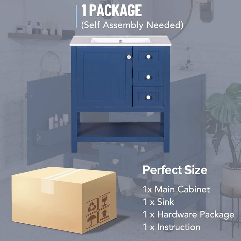 30" Transitional Style Bathroom Vanity Cabinet Combo with Ceramic Sink