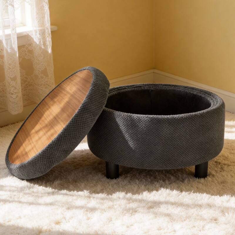 25"Round Storage Ottoman with Tray,ModernTufted Fabric Circle Coffee Table with Storage,Upholstered Ottoman with Removable Top