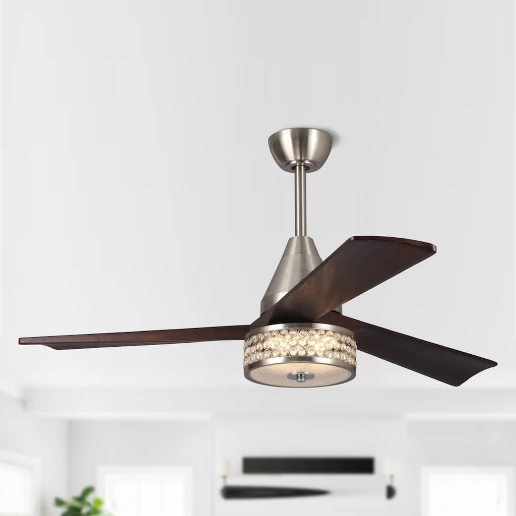 52" Indoor Semi Matte Nickel Downrod Mount Chandelier lED Ceiling Fan with Remote Control - 52" W x 52" D x 15.7" H