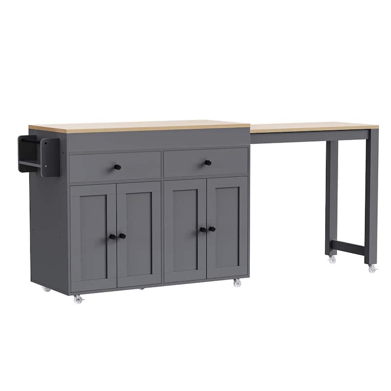 4 Door Kitchen Island Cart with Extendable Dining Table, Rolling Kitchen Island on Wheels with Spice Rack and 2 Drawers