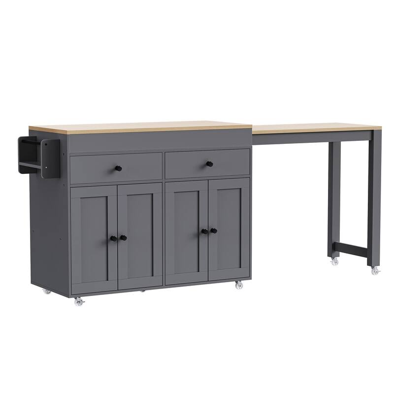Kitchen Island with Extendable Dining Table, Rolling Island Cart on Locking Wheels, Breakfast Bar with 2 Drawers & 4 Door