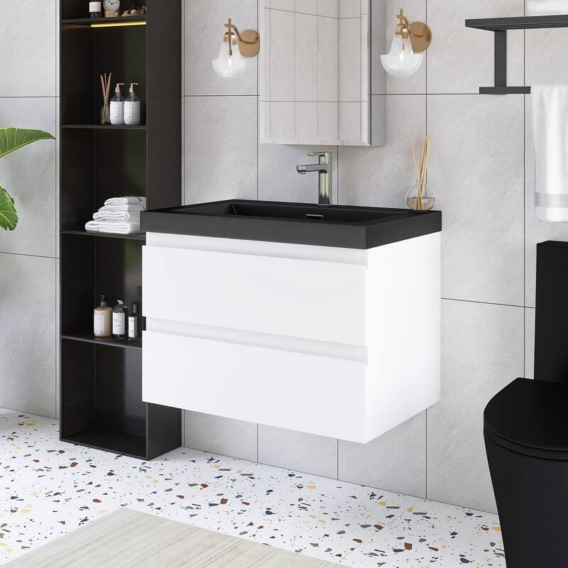 24/30/36 inch Wall-Mounted Bathroom Vanity Set in White with Integrated Black Resin Sink