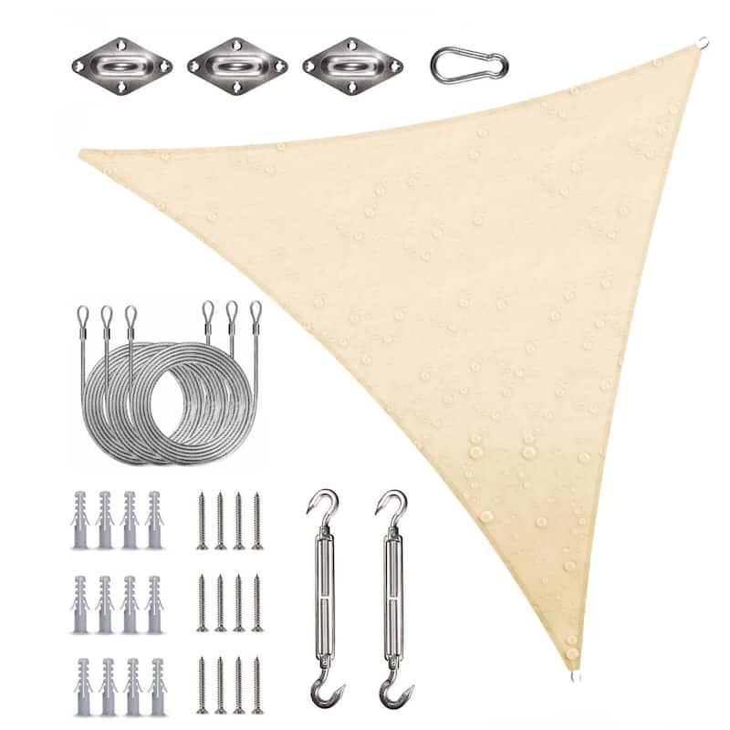 ColourTreeUSA Waterproof Triangle Sun Shade Sail w/Hardware Installation Kit + Cable Ropes UV Block 220 GSM - 16' x 16' x 16' - Beige