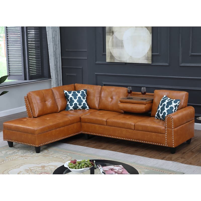98" Faux Leather L-Shaped Sectional Sofa with Pillows & Cup Holders