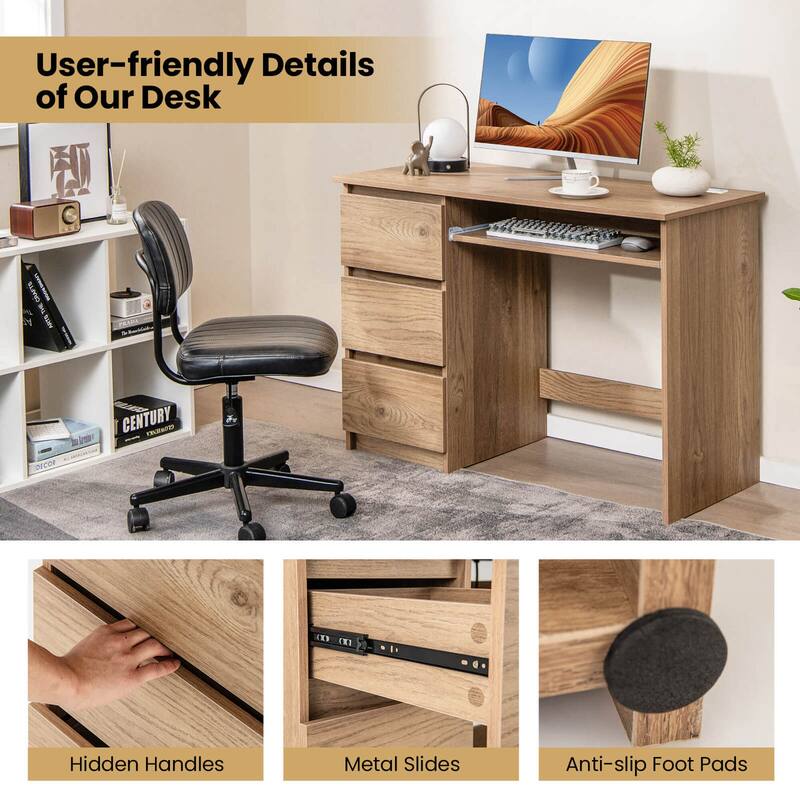 Costway Computer Desk with Power Outlet Keyboard Tray & 3 Large