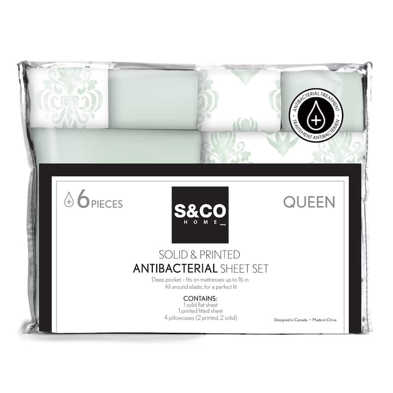 Antibacterial Printed Solid 6 Piece Double Sage Sheet Set