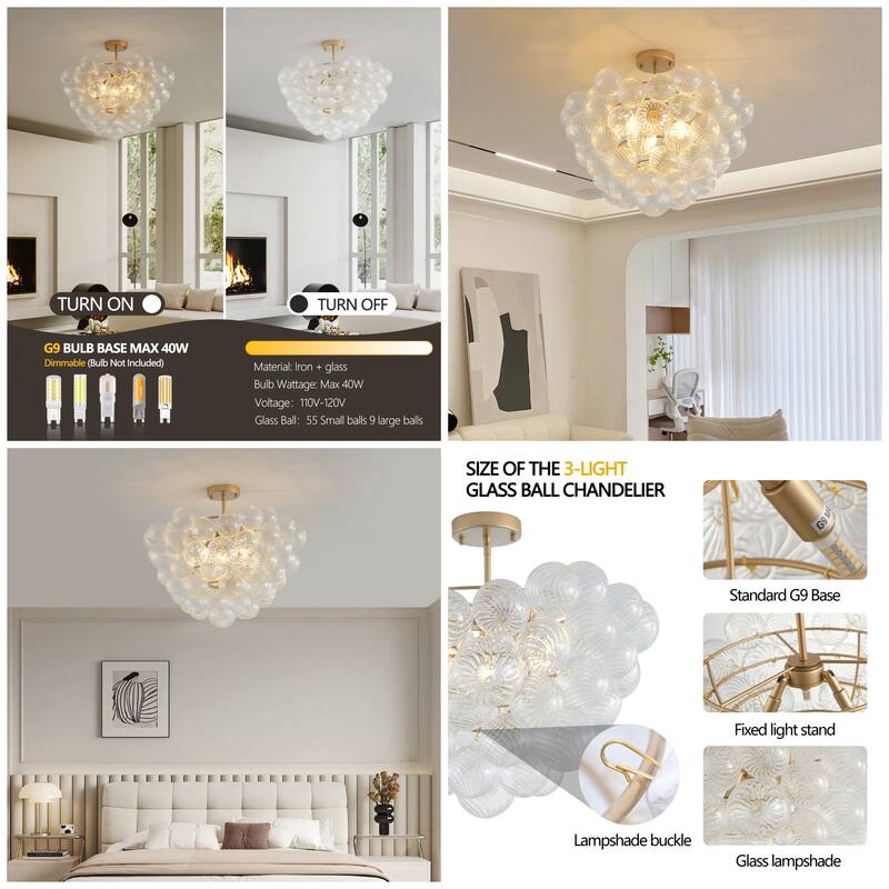 23.6" Gold Pendant Chandelier with Clear Glass Globe, Non-Adjustable