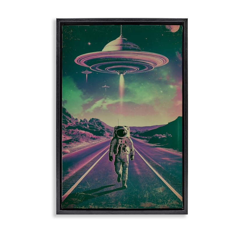 Stupell Astronaut with Overhead UFO Framed Floater Canvas Wall Art Design By Wumples - 21 x 31 - Black