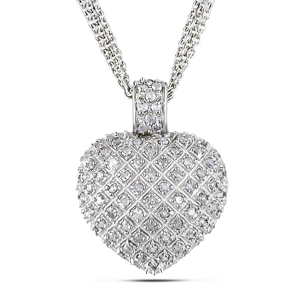 Miadora 1ct TDW Diamond Heart Triple-strand Drop Necklace Sterling Silver - 17 in x 25.5 mm x 19.5 mm