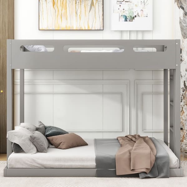 slide 2 of 10, Wooden Twin over Full Bunk Bed with Built-in Ladder, No Box Spring Needed Gray