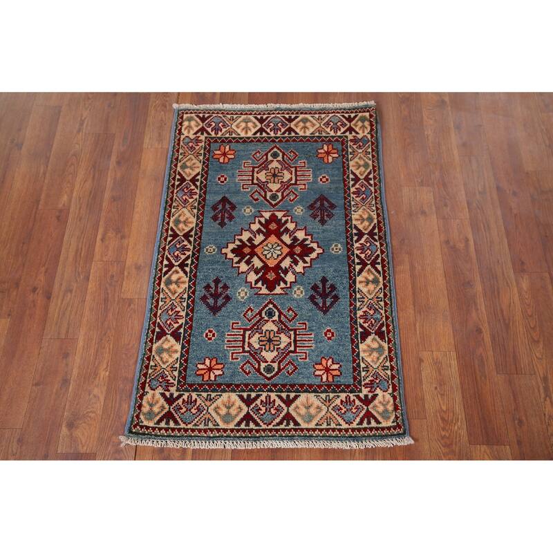Hand Knotted Oriental 100% Wool Carpet Traditional Geometric Navy Blue & Blues Kazak Area Rug - 3' 0'' X 1' 11''