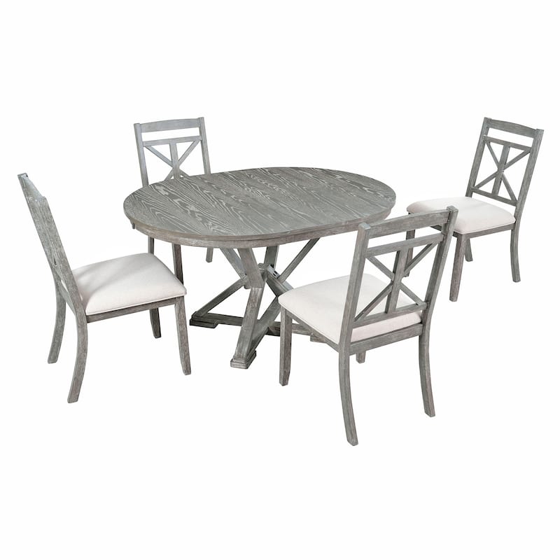 5-Piece Retro Functional Dining Table Set Extendable Round Table and 4 Upholstered Chairs for Dining Room and Living Room