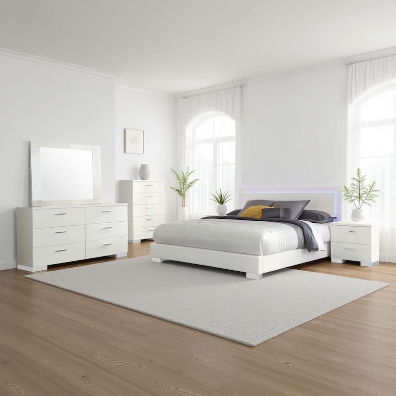 Sok 5pc King Bedroom Set, Faux Leather Upholstery, High Gloss White