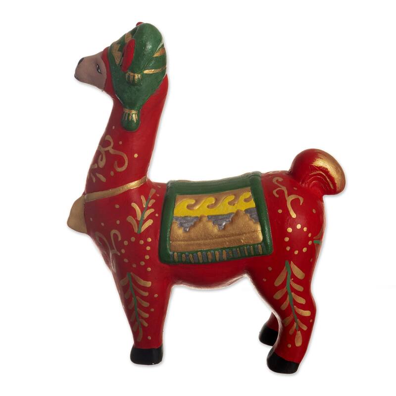 Novica Handmade Holiday Llama In Red Ceramic Statuette