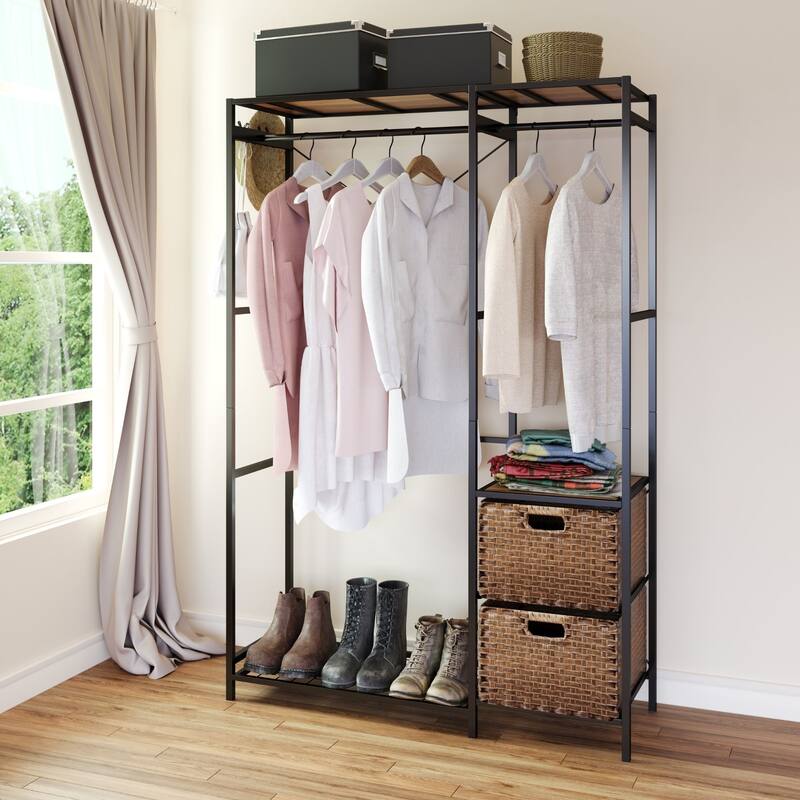 Acacia Wood Garment Rack with Shelves