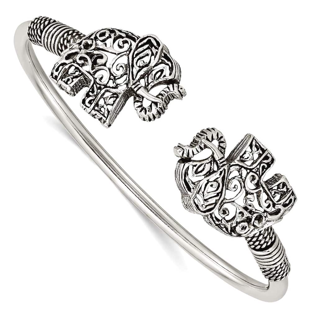Curata 925 Sterling Silver Antiqued Filigree Elephants Adjustable Cuff Bangle Bracelet