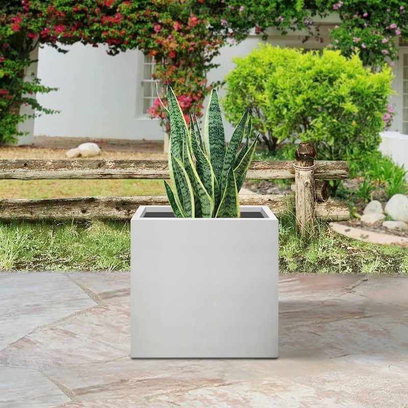 Plantara 12" L Square Solid White Concrete Plant pot, Modern Planter, Outdoor Garden Flower pot for with Drainage Hole