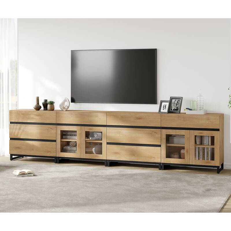 Modern 4 in 1 TV Stand for 120" TVs, Console with Glass Doors & 8 Drawers, Entertainment Center - 126 inches - Oak