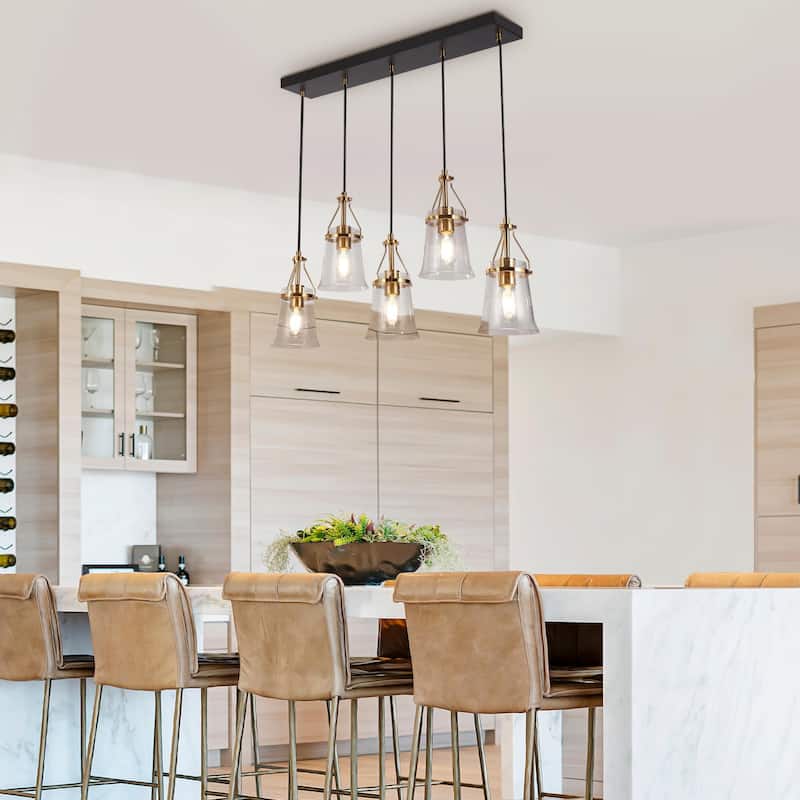 Haye Modern 5-Light Linear Chandelier Glass Island Lights for Kitchen Island - Black&Gold - 33.5" D x 5.5" W x 10" H