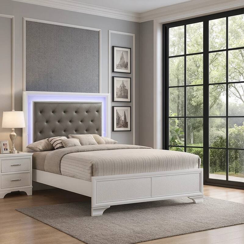 Lise Queen Size Bed, Gray Fabric Upholstery, LED Lit, Modern White Wood