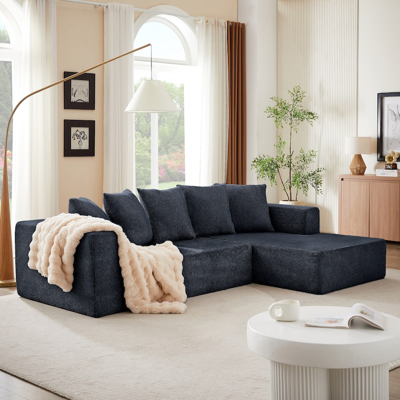 Chenille L-Shaped Sectional Sofa Set - Blue