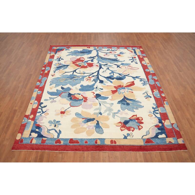 Hand Knotted Oriental 100% Wool Carpet Transitional Floral Beige & Ivories Oushak Area Rug - 9' 10'' X 8' 7''