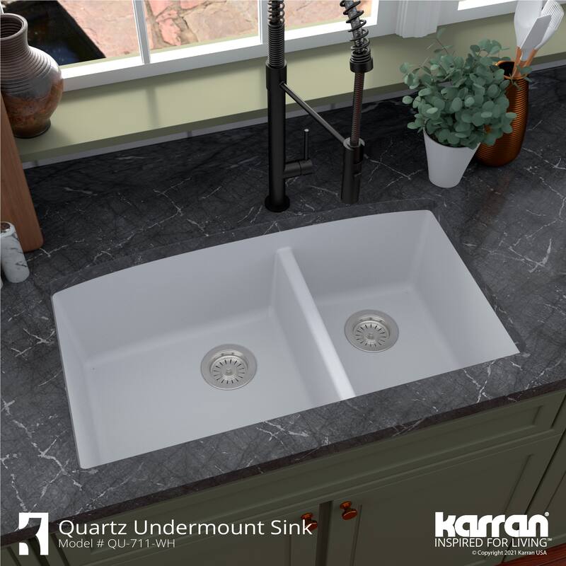 Karran Undermount Quartz 32 in. 60/40 Double Bowl Kitchen Sink Kit