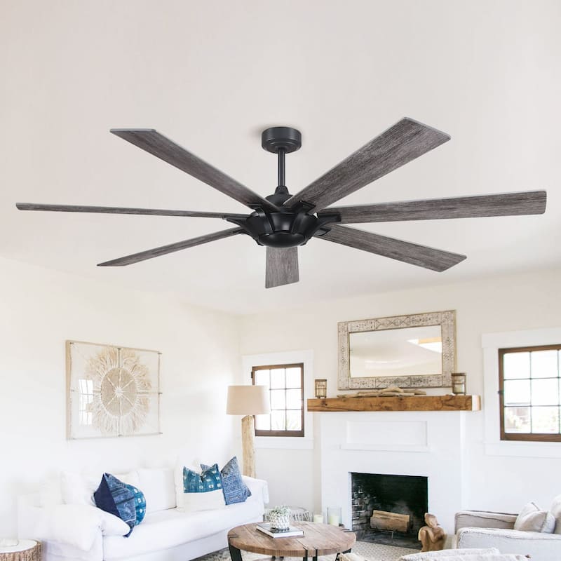 72" Wooden 7-Blade Large Outdoor Industrial DC Ceiling Fan with Remote - Black with Cherry/ Antique Grey Blades