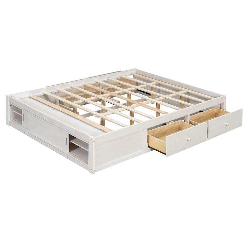 Queen Size Platform Bed Frame with 4 Storage Drawers & Footboard Cubby by Harper&Bright Designs