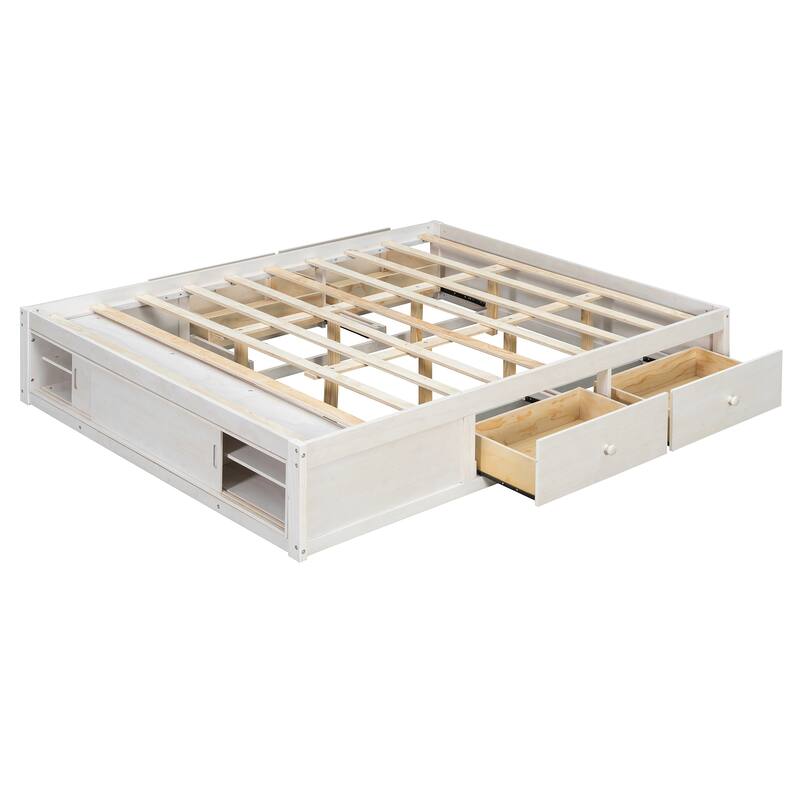 Queen Size Platform Bed Open Frame with Footboard Storage and 4 Drawers