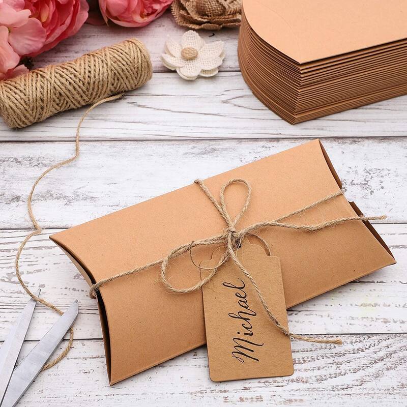 Bright Creations 50 Pack Kraft Pillow Boxes Set with 100ft Jute Twins for Wedding Party Favor