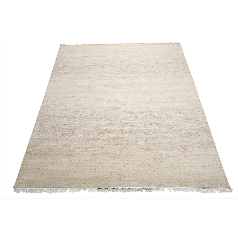 Beige Tibetan Wool & Bamboo Silk Hand Knotted Rug Geometric Style - 8' x 10'