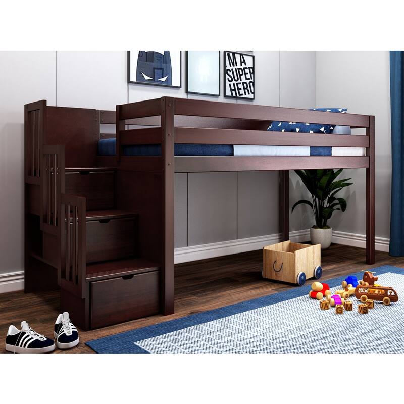 JACKPOT Contemporary Low Loft Twin Bed with 3 Step Stairway - Cherry