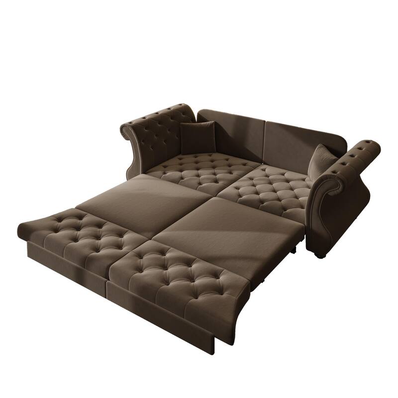 83.8" Chesterfield Velvet Pull-Out Sofa Bed, Classic Roll Arm Sleeper Couch with Elegant Flower Tufting