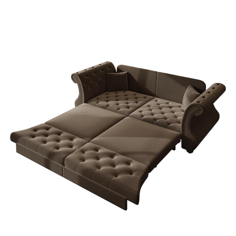 Chesterfield Pull Out Sofa Bed, Oversized 3-Seater/4-Seater Velvet Couch with Flared Arms, Convertible Sleeper Sofa