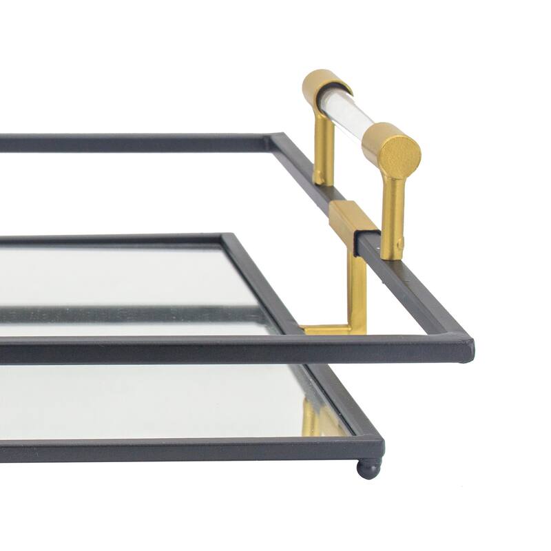 21, 27 Inch Set of 2 Decorative Trays with Mirror, Modern Frame, Gold, Black