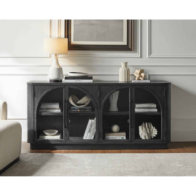 Modern, Contemporary Wood 70" Console with glass doors, TV Stand, Accent Cabinet, Fully Assembled, Black - 70"W x 32"H x 15"D - 70"W x 32"H x 15"D