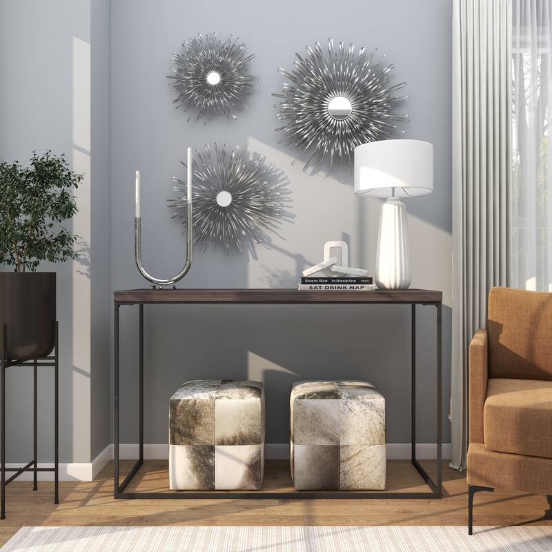 Metal 3D Looped Sunburst Wall Decor with Mirrored Center (Set of 3) - Silver or Gold