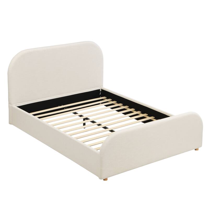 Beige Linen Upholstered Bed Curved Headboard Wingback Frame Low Profile Platform Bed