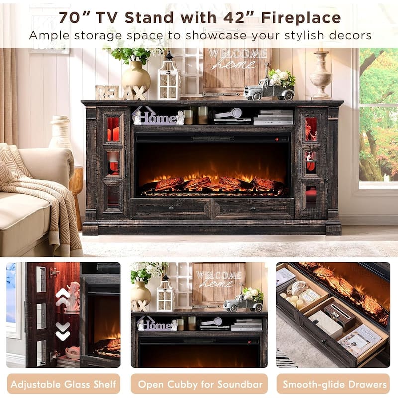Farmhouse Fireplace TV Stand for up-to-80 TV, Entertainment Center