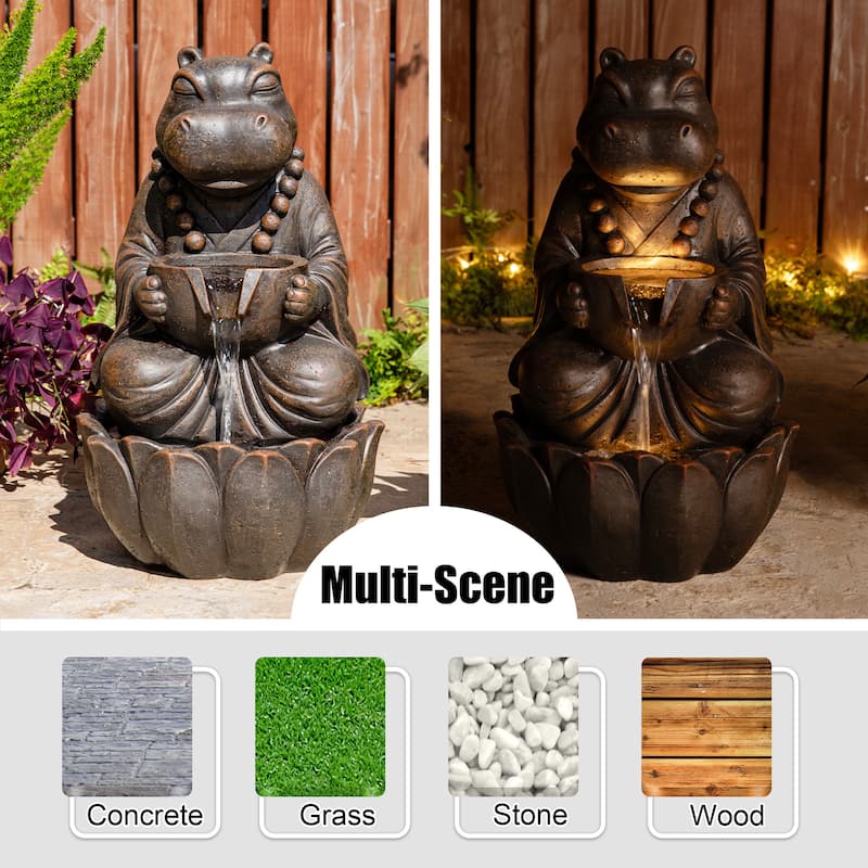 Glitzhome 21.75"H 2-Tiered Lighted Zen Style Frog Elephant Hippo Polyresin Outdoor Fountains