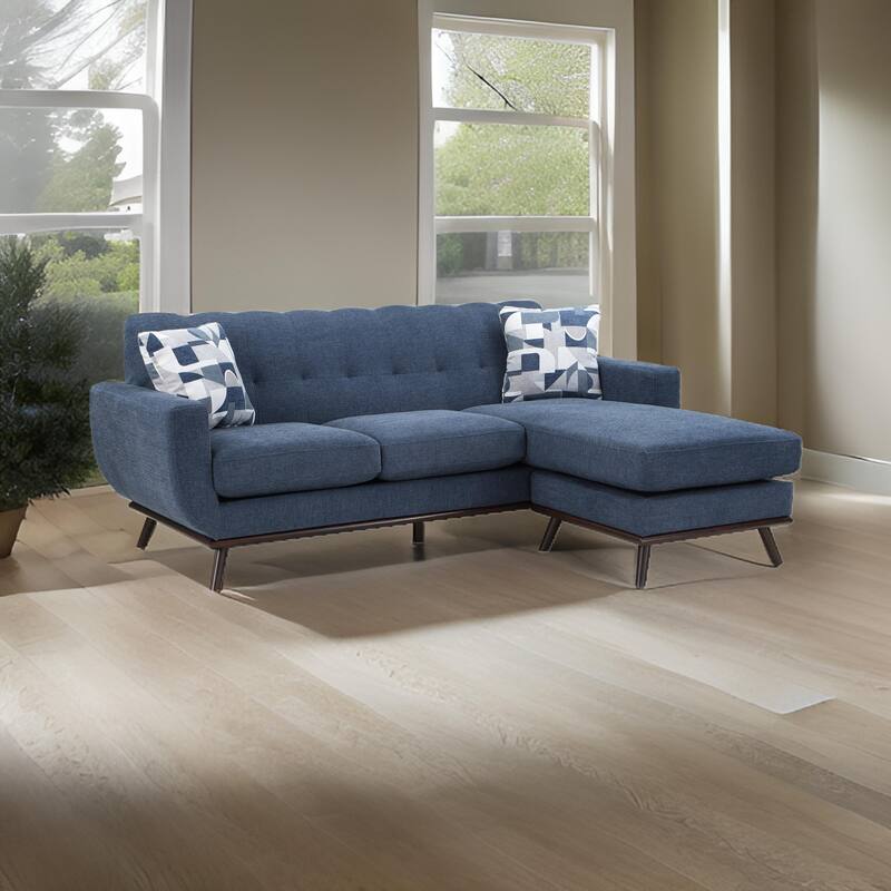 Keto 87 Inch Reversible L Shape Sofa With Chaise, 2 Pillows, Blue Chenille